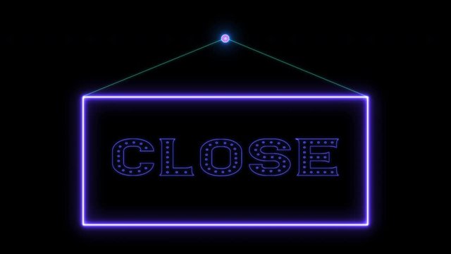 Hang tag close neon sign fluorescent light glowing on signboard. Hanging notice tag close by neon lights. The best stock of animation door notice neon flickering, flash on color black background