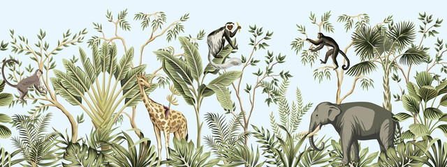 Tropical vintage botanical landscape, palm tree, banana tree, plant, palm leaves, giraffe, monkey, elephant floral seamless border blue background. Jungle animal wallpaper. - obrazy, fototapety, plakaty