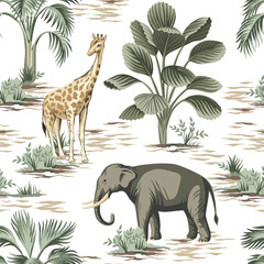 Tropische vintage olifant, giraffe wilde dieren, palmboom en plant naadloze bloemmotief witte achtergrond. Exotisch jungle safari behang.