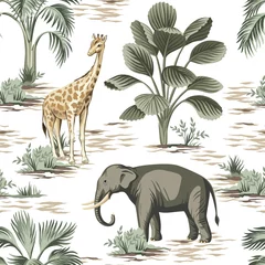 Foto op Plexiglas Tropische print Tropische vintage olifant, giraffe wilde dieren, palmboom en plant naadloze bloemmotief witte achtergrond. Exotisch jungle safari behang.