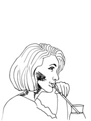 Drinking straw day. Girl with a glass of wine through a straw. Glass of drink with drinking straw. Сard with copy-space. Raster illustration. illustration flat hand drawn line art style