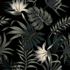 Tropical floral foliage dark green palm leaves, strelitzia seamless pattern black background. Exotic jungle night wallpaper. - 312833925