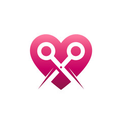 Scissor + heart/love logo concept, barbershop logo template, abstract symbol element template, tailor logo, fashion dressmaker vector icon