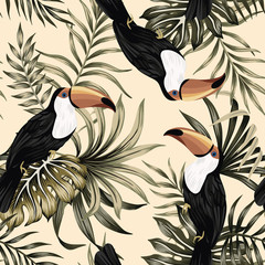 Tropical vintage exotic bird toucan, palm leaves floral seamless pattern yellow background. Exotic jungle wallpaper.
