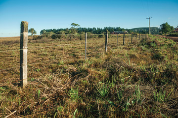 Fototapeta premium Detail of barbed wire fence with meadows and trees