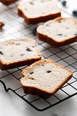 Fototapeta na wymiar Blueberry muffin loaf bread cake sliced .