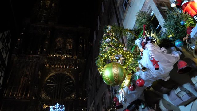 STrasbourg - DEC 26, 2019: Christmas decorations at the Strasbourg Christmas market near Cath&eacute;drale Notre Dame de Strasbourg