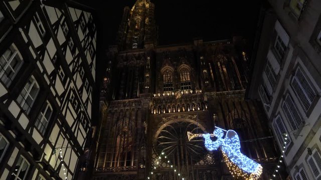 STrasbourg - DEC 26, 2019: Christmas decorations at the Strasbourg Christmas market near Cath&eacute;drale Notre Dame de Strasbourg