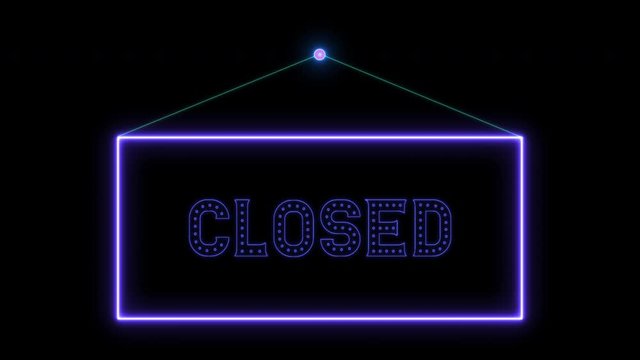 Hang tag closed neon sign fluorescent light glowing on signboard. Hanging notice tag closed by neon lights. The best stock of animation door notice neon flickering, flash on color black background
