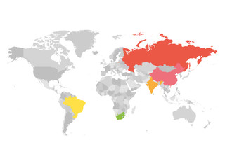 Fototapeta na wymiar World map with highlighted member countries of BRICS - association of five major emerging national economies - Brazil, Russia, India, China and South Africa