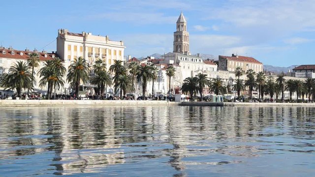 Old town of Split, Central Dalmatia, Croatia. Panorama. Palace of Diocletian, Riva promenade, Bell tower, Cathedral of Saint Domnius. Popular tourist destination. Harbour in Adriatic sea. 