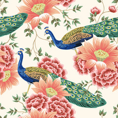 Vintage Chinese flower lotus rose, leaves, peacock bird seamless border pink background. Exotic oriental wallpaper.