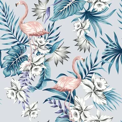 Tapeten Tropical Vintage Pink Flamingo, weiße Orchidee, blaue Palmblätter floral nahtlose Muster grauen Hintergrund. Exotische Dschungeltapete. © good_mood