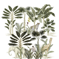 Tropical vintage elephant, giraffe, leopard, sloth wild animals, palm tree, banana tree and plant floral print. Exotic jungle safari illustration. © good_mood