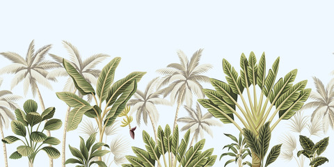  Tropical vintage botanical landscape, palm tree, banana tree, plant floral seamless border blue background. Exotic green jungle wallpaper.
