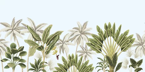Acrylic prints Vintage botanical landscape  Tropical vintage botanical landscape, palm tree, banana tree, plant floral seamless border blue background. Exotic green jungle wallpaper.