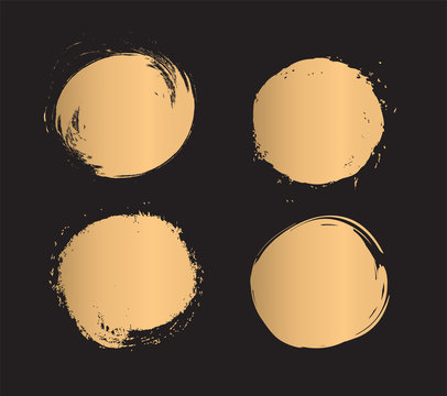 Set of gold paint brush strokes isolated on black background. Golden circle Abstract. Vector illustration