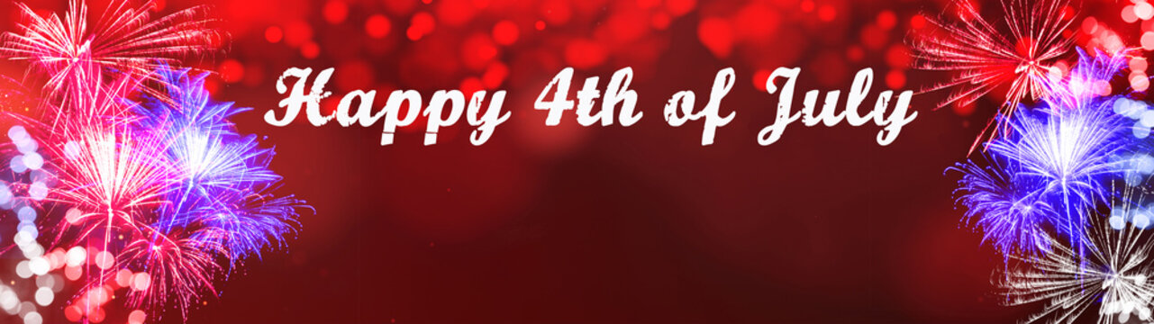 Happy 4th of July background panorama banner long - Firework on red texture with bokeh lights and space for text