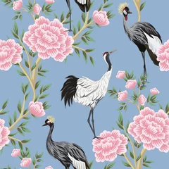 Afwasbaar Fotobehang Tropische print Vintage tuin rozenboom, kraanvogel naadloze bloemmotief blauwe achtergrond. Exotisch chinoiserie behang.