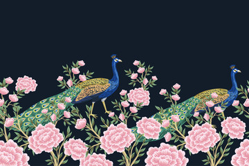 Panele Szklane  Vintage chinoiserie kwiatowy ptak Paw, kwiat róże bezszwowe granica czarne tło. Egzotyczna tapeta orientalna.