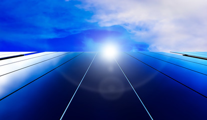 Solar panels on blue sky background. Photovoltaic cells of solar panel generating clean energy from the sun. Renewable energy background. 3d rendering.