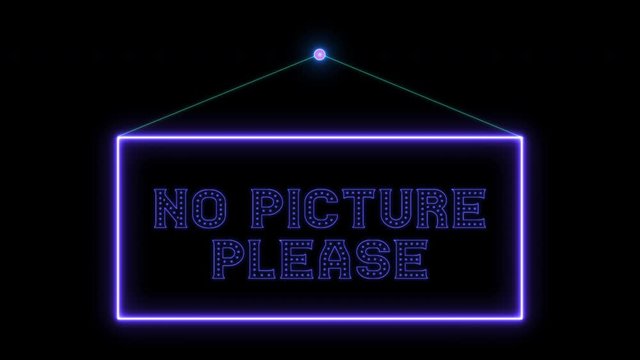 Hang tag no picture neon sign fluorescent light glowing on signboard. Hanging notice tag no picture by neon lights. The best stock of animation door notice neon flickering, flash