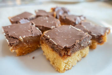Fototapeta na wymiar Slices of chocolate covered caramel shortbread