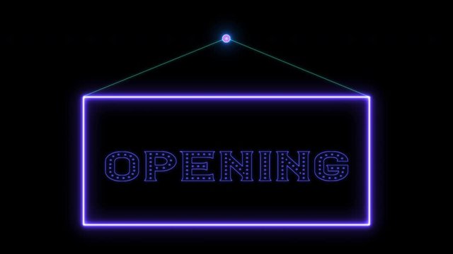 Hangtag Opening neon sign fluorescent light glowing on signboard. Hanging notice tag opening by neon lights. The best stock of animation door notice neon flickering, flash on color black background