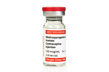 Medroxyprogesterone Acetate Contraceptive Injection vial isolated on white