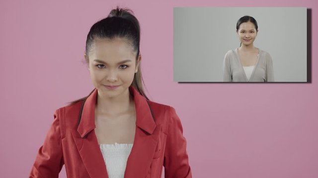 Picture-in-picture comparison of a cute, young Asian woman with and without makeup in a before and after model shoot