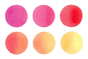 Pink magenta red orange gold yellow hand-painted watercolor circles isolated on white background