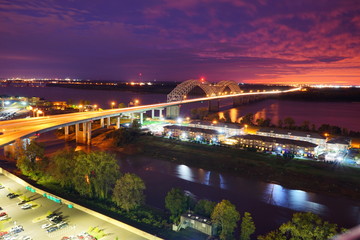 The sunset over Mississippi river to connect Tennessee and Arkansas at Memphis