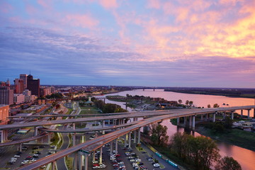 The sunset over Mississippi river to connect  Tennessee and Arkansas at Memphis 