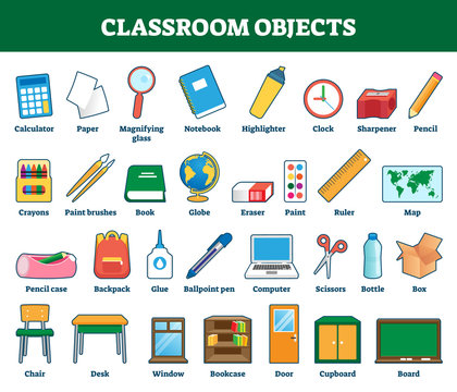 Classroom objects vector illustration. Labeled collection for kids learning