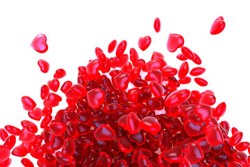 3D Render of vivid red colorful jelly looking hearts abstract artwork against a white background