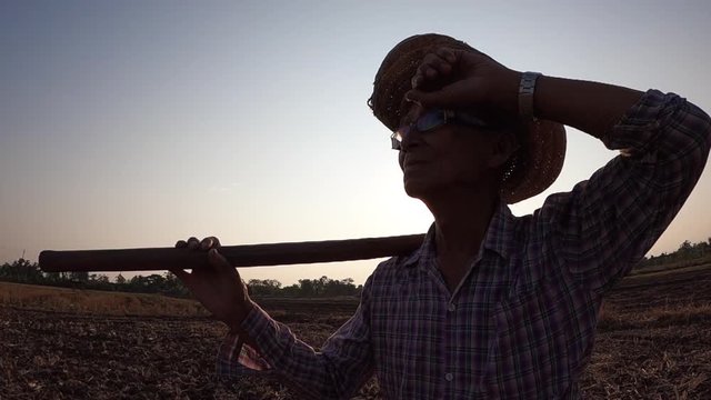Elderly Asian farmers holding a hoe on his shoulder and wipe the sweat on the face by arm on sunset background in farmland.