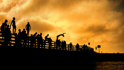 Naklejka premium silhouettes of people jumping of Beach Rd jaws bridge martha's vineyard Edgartown and Oak Bluffs sunset summer sky