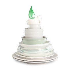 Set of tableware on grey background