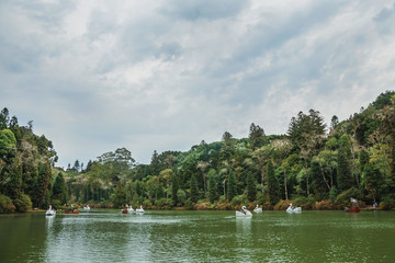 Fototapeta na wymiar Fiberglass pedal boats in a Lake at Gramado