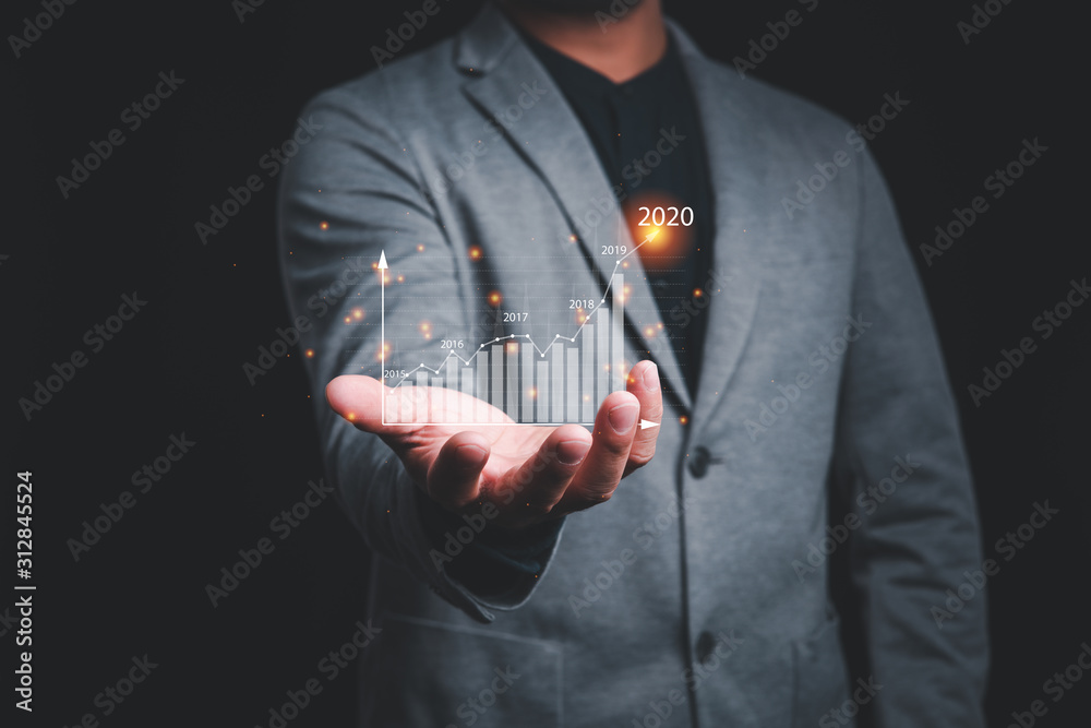 Poster business man holding graph virtual screen.plans to increase business growth and an increase in the i