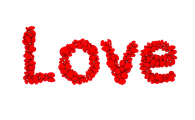 3d render of text Love based on particles as red hearts on white isolated background