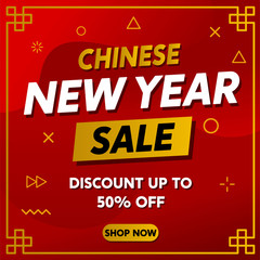Concept of Chinese New Year Sale with Gradient Red Background and Gold Color, Gold Chinese Frame, Discount 50% Off Vector Template for Poster, Brochure, Flyer, Card