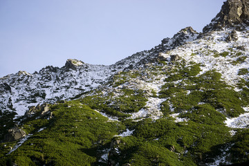 Green and snowy mountains in the Polish Tatras