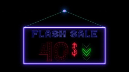 40$ dollar sale off shopping neon sign fluorescent light glowing banner background. Text 40 $ sale off, flash sale by neon lights signboard at night. The best stock neon flickering, blinking color