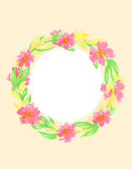 pink card or invitation with flower wreath roses and green leaves hand painted with watercolors