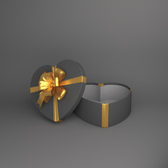 Happy Valentines Day, black opened heart shape gift box gold ribbon on gray  background. Greeting card, flat lay, banner, top view,  copy space text area. 3D rendering illustration.