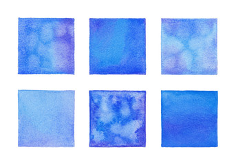 Fototapeta premium Blue and purple textured hand-painted watercolor square set