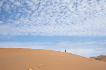 Fototapeta na wymiar Sand dune over blue sky and white clouds