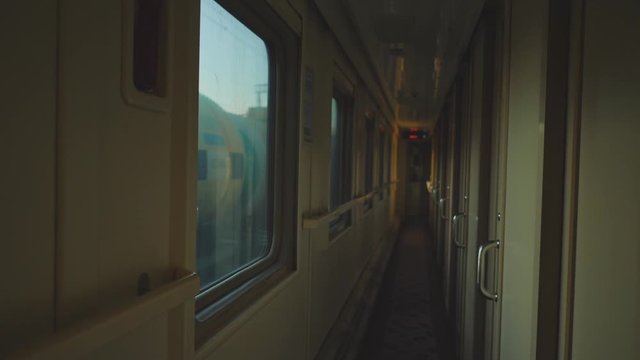 Vision of blink, reflection, perspective in train corridor, ray tracing on surfaces