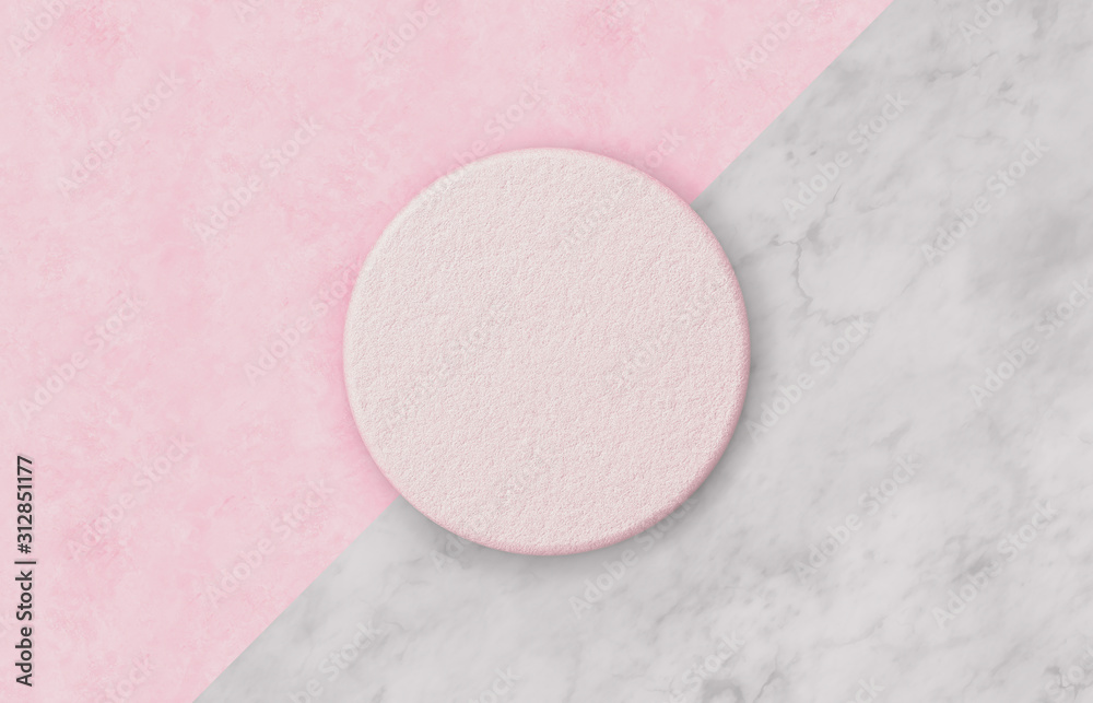 Poster Empty pink cylinder box on Duotone background with marble stone texture for product display. Minimal spring summer concept. Flat lay. Top view.